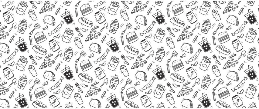 junk food seamless pattern doodle fast food yummy burger pizza hot dog 