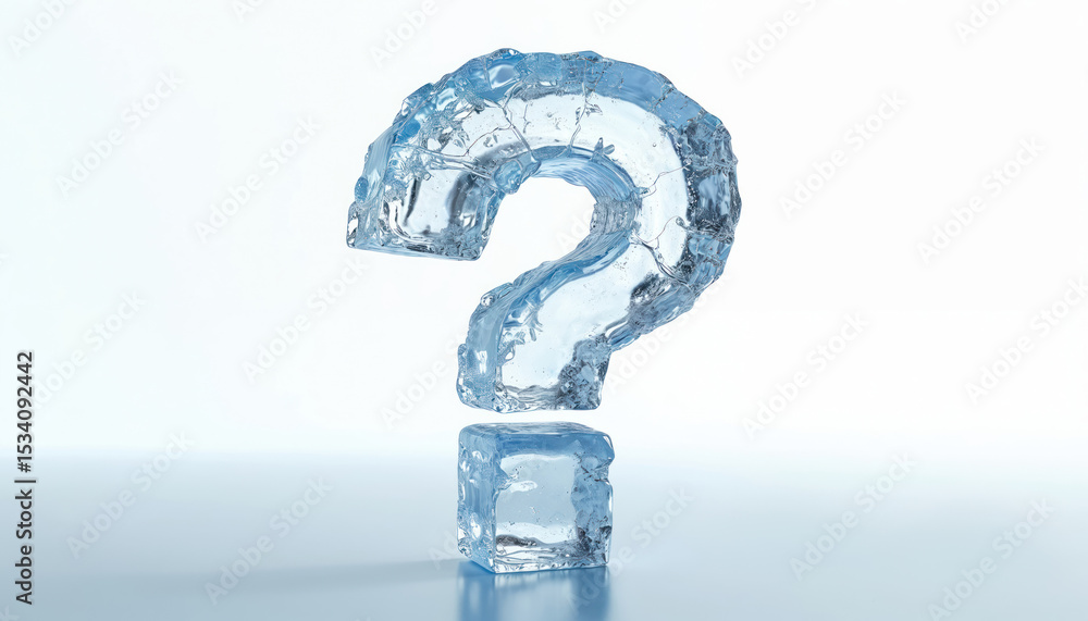 Aufkleber 3D render of ice question mark on white background. Transparent, frosty crystal symbol in blue tones. Glacial effect with question concept for design element. Creative cold art, digital artwork for
