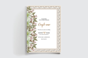WEDDING INVITATION FRAME WITH FLOWER DECORATIONS AND FRESH LEAVES