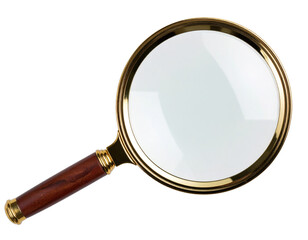 Close-up shot of an elegant magnifying glass featuring a rich wooden handle and golden metallic ring, perfect for conceptual uses. The item's transparency offers design flexibility and potential 