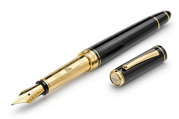 Luxurious Black and Gold Fountain Pen on White Background