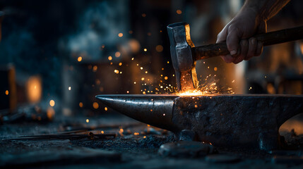 Blacksmith hitting anvil with great hammer