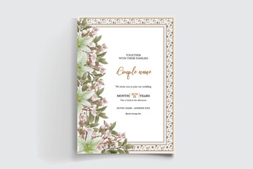 WEDDING INVITATION FRAME WITH FLOWER DECORATIONS AND FRESH LEAVES