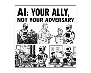 Naklejka premium woodcut linocut illustration of poster flyer about robot ai artificial intelligence android machine helping assist empowering improving allying human race life quality