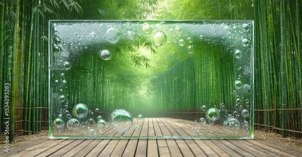 Poster bamboo forest scene. glass frame contains bubbles, path extends beyond. lush greenery, serene atmosp