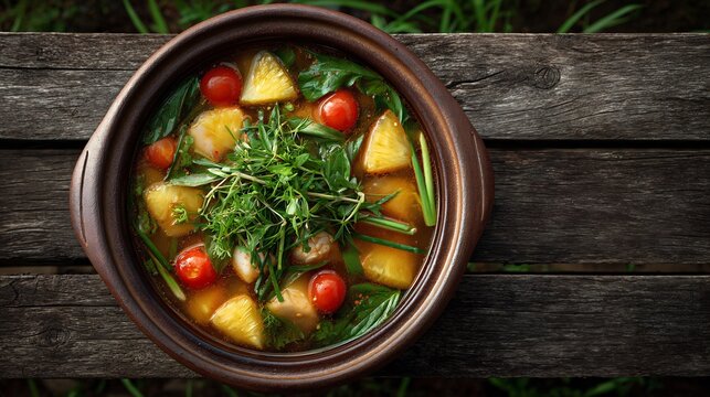 Vietnamese sour soup canh chua fish pineapple tomato and herbs in clay pot served on a wooden riverside table with natural background top down view