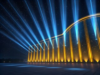 Night city lights illuminate a bridge over a river, a bright architectural design with glowing reflections on the water, showing a futuristic urban concept
