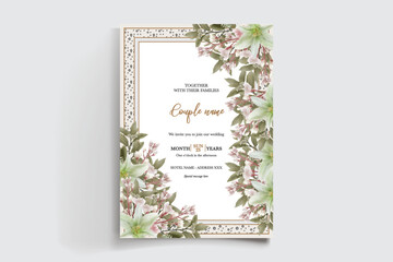WEDDING INVITATION FRAME WITH FLOWER DECORATIONS AND FRESH LEAVES