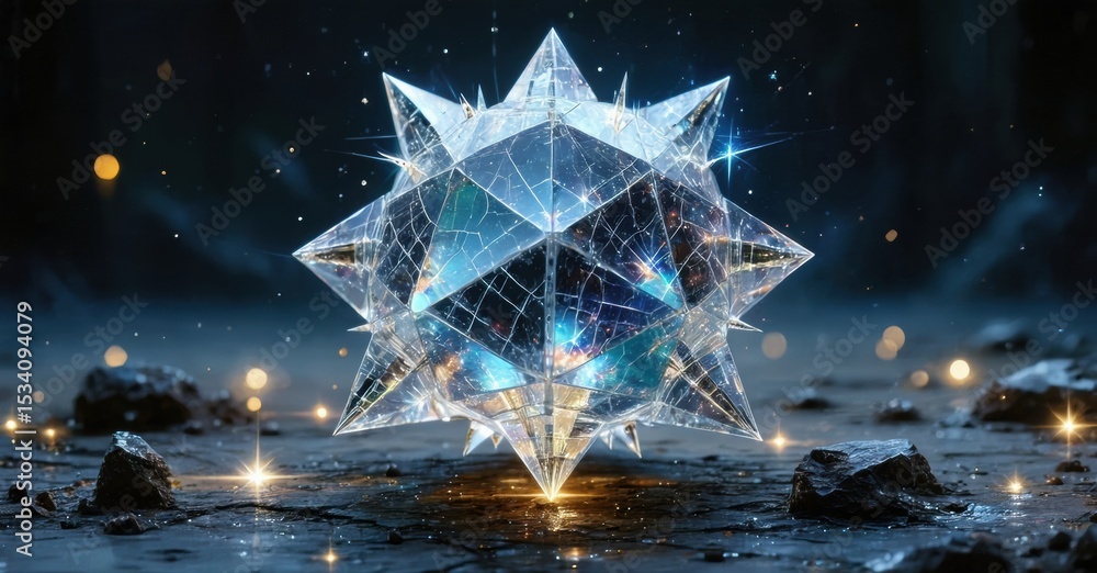 Poster complex geometric shape glows brightly. starry sky visible within structure, resting upon rocky grou