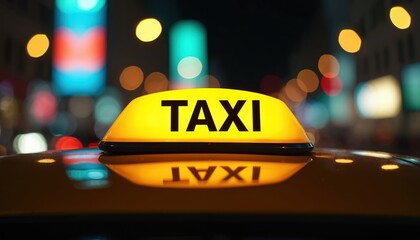 Glowing taxi cab light at night city street lights create colorful bokeh. Yellow cab sign at night, transport, urban travel. Modern cityscape with blurred environment on road.