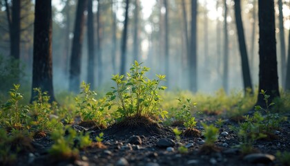 Fototapeta premium Forest regrowth after fire. New green leaves emerging in charred trees. Smoke rises from ground. Contrast highlights nature resilience. Demonstrates renewal after environmental disaster, ability to