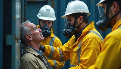 Team rescue workers in protective gear with gas masks assist man. Rescuers in PPE uniforms protect against toxic fumes, dangerous gases, pungent odors. Emergency situation inside industrial
