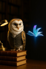 "Spectacled Owl in Vintage Waistcoat with Holographic Bookmark | Retro-Futuristic Audiobook Concept"