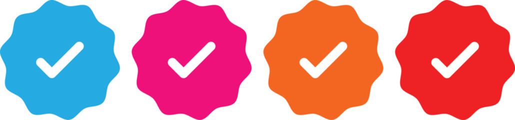 Verified Badge , Checkmark Labels - Colorful  Icons Set of Blue, Pink, Orange, and Red