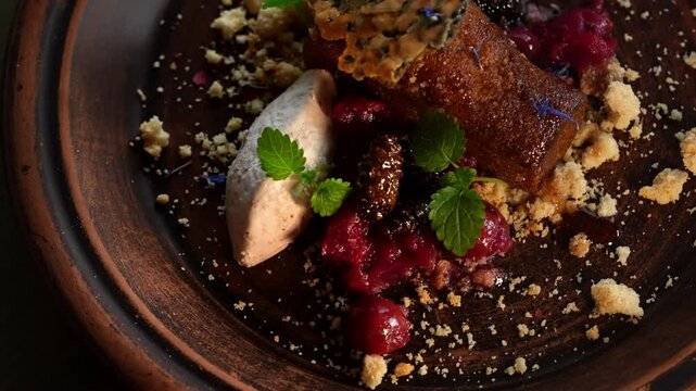 Honey cake on a plate with whipped cream and berries.