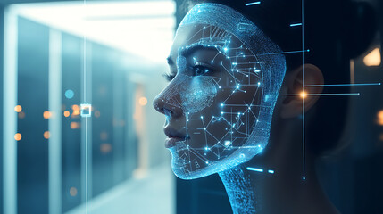 Profile of a person with facial recognition technology overlay
