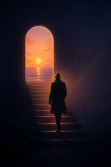 "Ascending to Light: Man Climbing Stone Staircase Toward Sunrise Portal | Surreal Twilight Journey in Cinematic EXR"