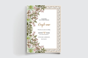WEDDING INVITATION FRAME WITH FLOWER DECORATIONS AND FRESH LEAVES