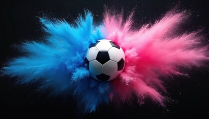 Fototapeta premium Soccer ball explosion with vibrant blue, pink powder. Dynamic abstract sport image against black background. Football ball concept, gender reveal, celebration of party.