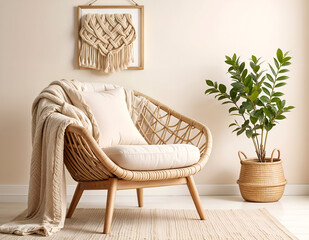 modern living room with sofa, armchair and a frame on background wall and plant in the room.