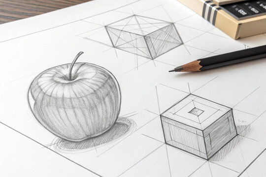 Detailed Pencil Drawings of an Apple and Geometric Shapes