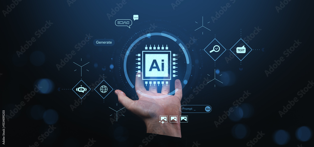 Aufkleber human hand projecting ai microchip interface hologram in digital space.