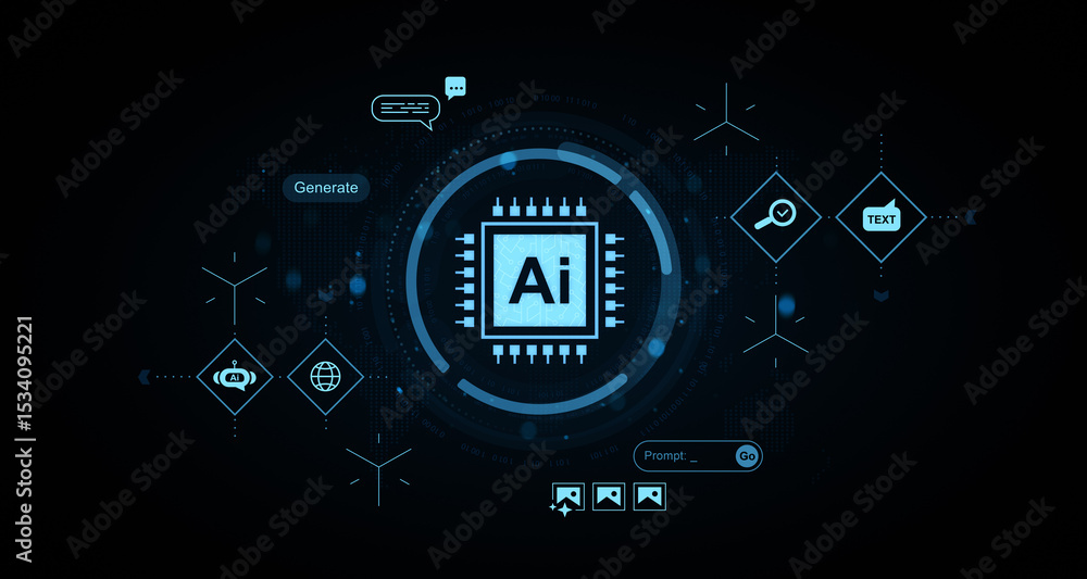 Aufkleber futuristic ai interface with digital icons and microchip symbol on dark background representing arti