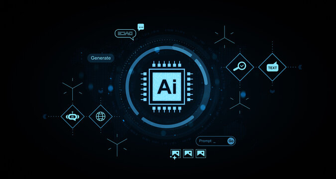 Futuristic AI interface with digital icons and microchip symbol on dark background representing artificial intelligence and data generation concept. 3D Rendering