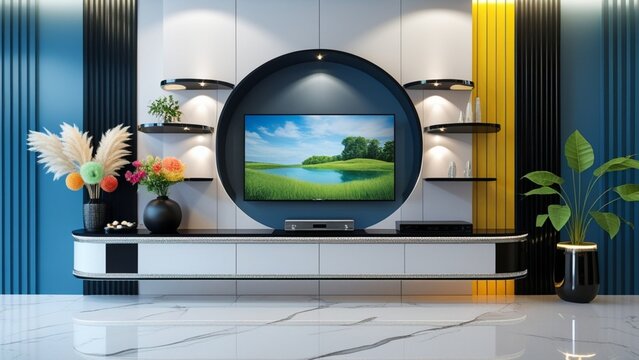 An artistic modern wall mounted tv unit in matte white with jet-black half-circular shelves trimmed with silver and decorative lighting.