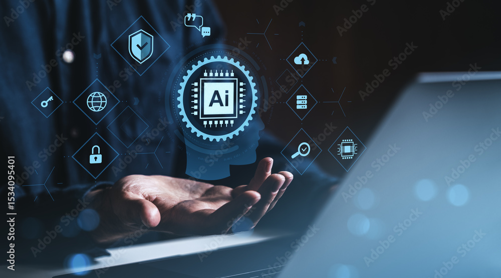 Poster businessman presenting artificial intelligence chip icon with future tech symbols in modern interfac