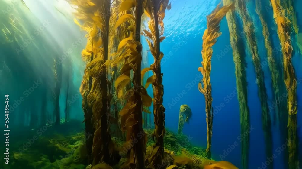 Poster sunlight streams through a kelp forest, creating a magical underwater scene in the clear blue ocean 