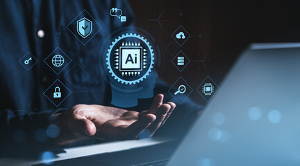 Businessman presenting artificial intelligence chip icon with future tech symbols in modern interface on dark blue background, symbolizing AI automation..