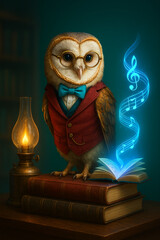 "Spectacled Owl in Vintage Waistcoat with Holographic Bookmark | Retro-Futuristic Audiobook Concept"