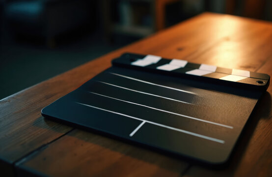 Clapperboard rests wooden table in local film production studio. Movie industry, cinema, media concept. Horizontal image of clapboard for scene, take, action. Film-making, video-making.