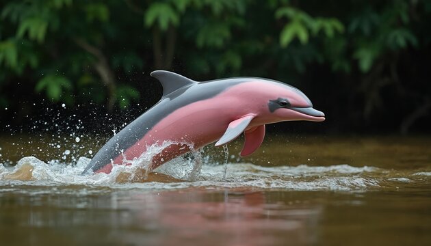 Pink dolphin leaps above Amazon River surface. Playful aquatic mammal splashes water in natural habitat. Wildlife photo amazon ecosystem, tropical fauna. Conservation of endangered species in jungle