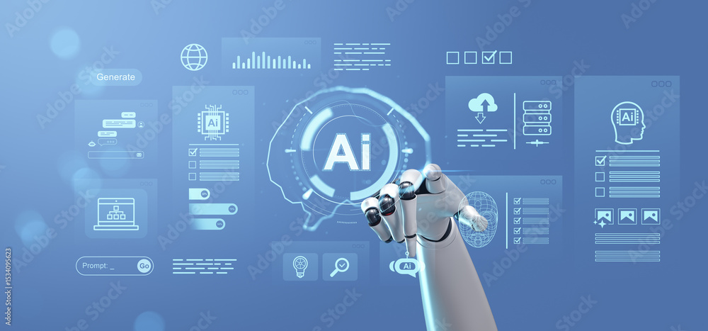 Aufkleber futuristic robotic hand interacting with ai interface elements in a digital environment representing