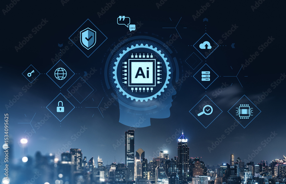 Poster ai technology concepts integrated with modern business automation and cybersecurity over a futuristi