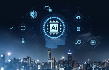 AI technology concepts integrated with modern business automation and cybersecurity over a futuristic city skyline at night with digital interface elements.