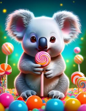 Baby-Koala, der an einem Lolli schleckt