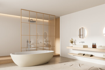 Modern minimalist bathroom interior design featuring freestanding tub, wood and glass shower wall, and floating vanity with soft neutral tones. 3D Rendering