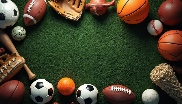 Assortment of various sport balls arranged on green grass. Football soccer basketball baseball tennis balls, sports equipment arranged on field. Sports theme, recreation, active leisure, team games, - Powered by Adobe