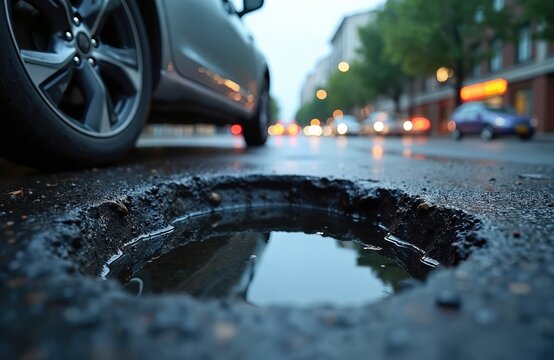 Big deep pothole on road with car tire. Road damage, vehicle problem. Transportation issues. City street, asphalt surface, car tire in hole. Traffic danger, road maintenance.