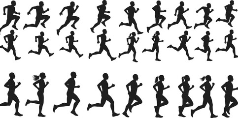 Running silhouette collection, men and women jogging, sprinting vector illustration, fitness workout people, black silhouette poses, exercise athlete icon set for health and sports concepts