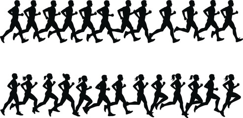 Running silhouette vector, male and female jogging pose set, fitness exercise black shape, workout activity illustration, sports people icons, healthy lifestyle graphic design collection