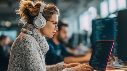 Female software developer typing code on her laptop