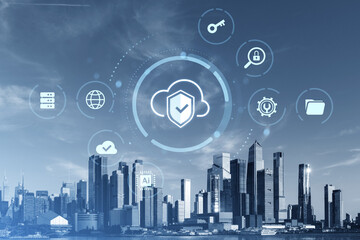 Cloud security icons over New York city skyline with tech overlay concept.