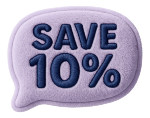 Purple bubble sticker with SAVE 10% offer in plush texture, eye-catching retail promotion on transparent background.