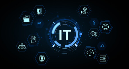 Digital IT concept with futuristic icons representing technology services, AI, security, cloud, and network systems on dark background. 3D Rendering