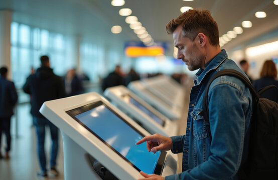 Man uses electronic check-in kiosk in modern airport terminal. Passenger touch screen, accessing flight info. Travel, technology, self-service, automated, vacation. Digital display, airline service, - Powered by Adobe