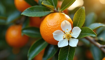 Close-up of ripe oranges on tree with fresh orange blossoms. Juicy citrus fruits, healthy organic food. Bright sunny daylight, spring season. Healthy eating, vegetarian diet, vitamin source.